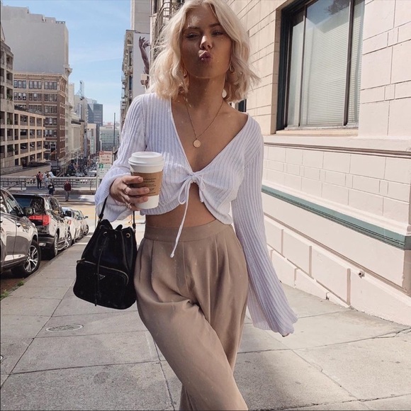 Ribbed Knit Cinch Crop Top Bell Sleeve Beige Tan - Picture 4 of 5